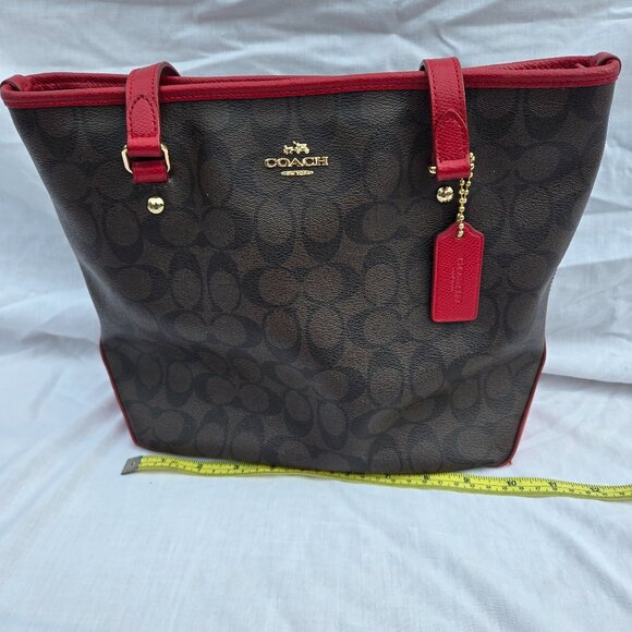 COACH Signature BROWN 1941 RED Canvas Leather CITY TOTE SHOULDER BAG - Picture 1 of 16